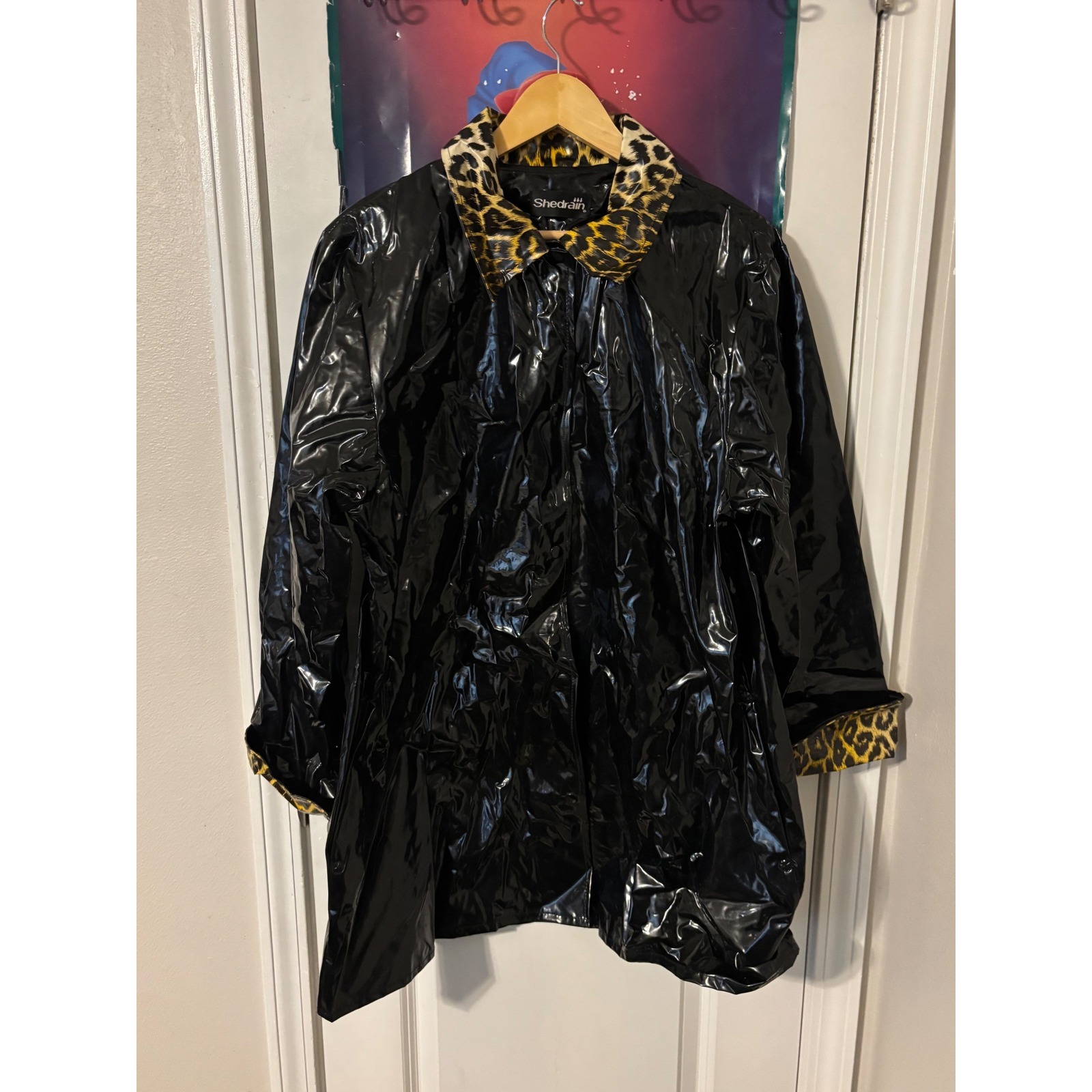 Shedrain Black Vinyl Raincoat Leopard Print Collar Cuffs Glossy Trench Coat Xl